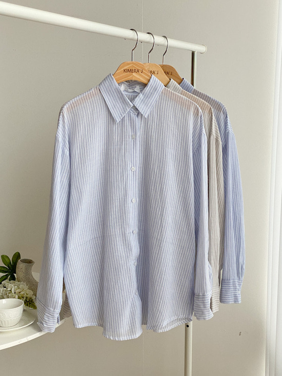 세로줄 썸머 코튼 시스루 루즈핏 남방 셔츠 3color