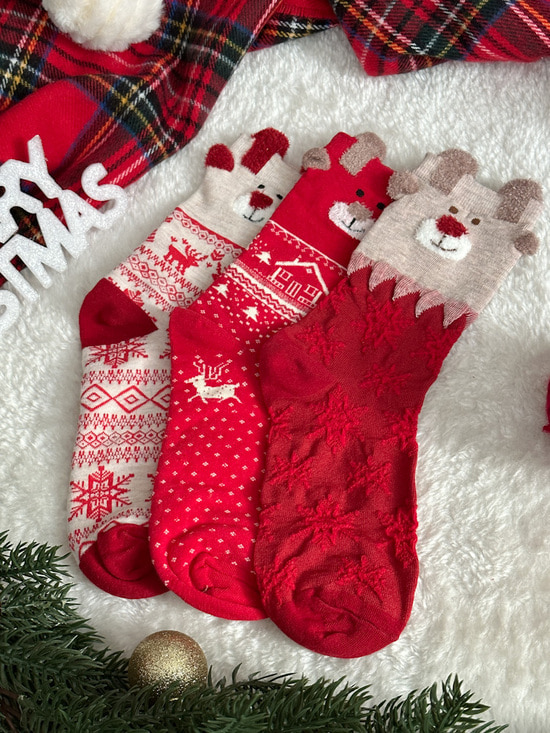 루돌프베어 크리스마스 중목 양말 3개 선물세트