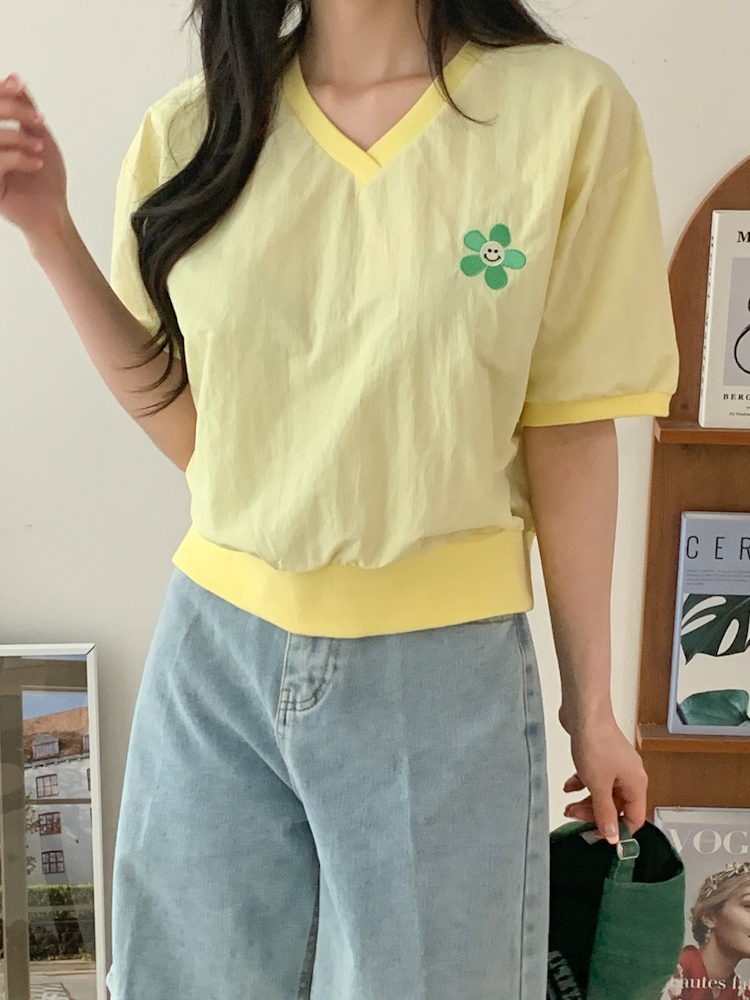 해바라기 자수 루즈핏 아노락 반팔 맨투맨 티셔츠 4color