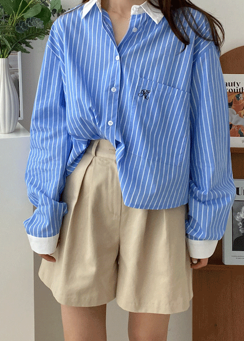 배색자수 스트라이프 세미크롭 루즈핏 남방 셔츠 2color